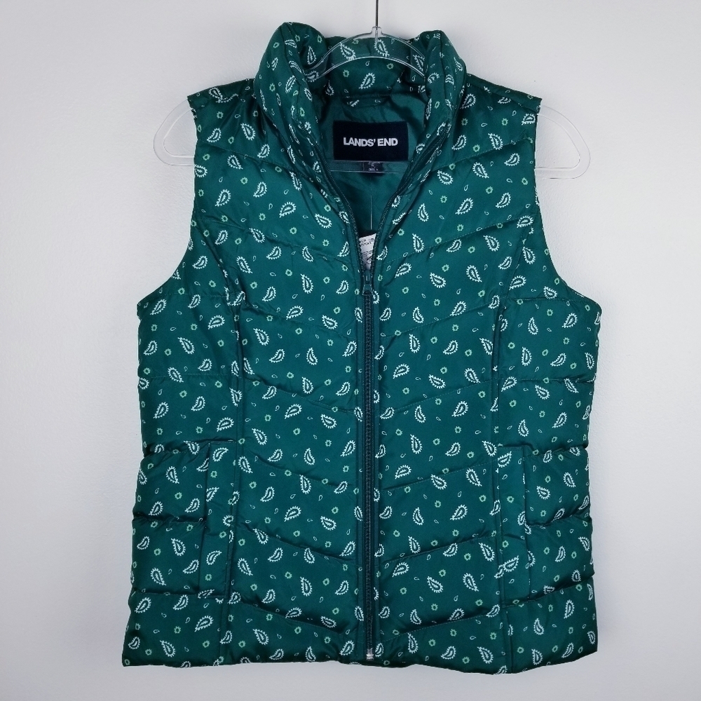 Lands' End Evergreen Bandana Paisley Puffer Down Vest NWT size Small